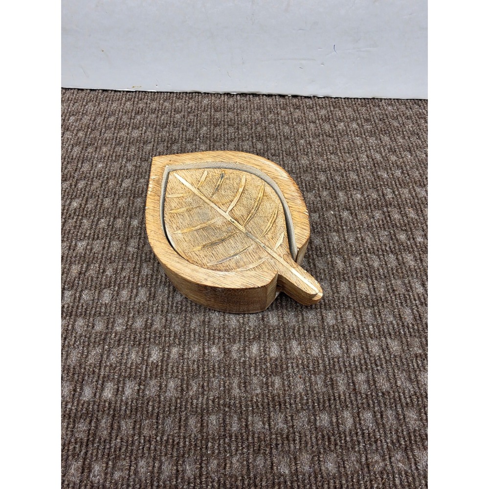 Vintage Wooden Leaf Coaster Set with Holder 4 Piece Natural Wood Carved Design